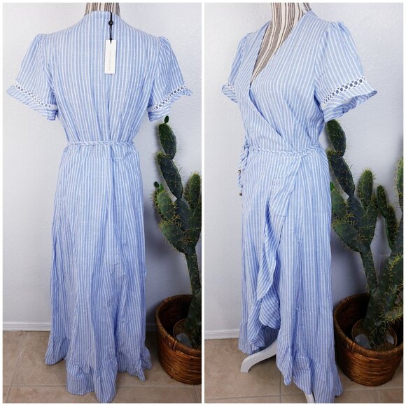 NWT Heartloom River Maxi Wrap Dress Stripe Cotton Ruffle Eyelet Sleeve sz L Blue - Picture 3 of 13